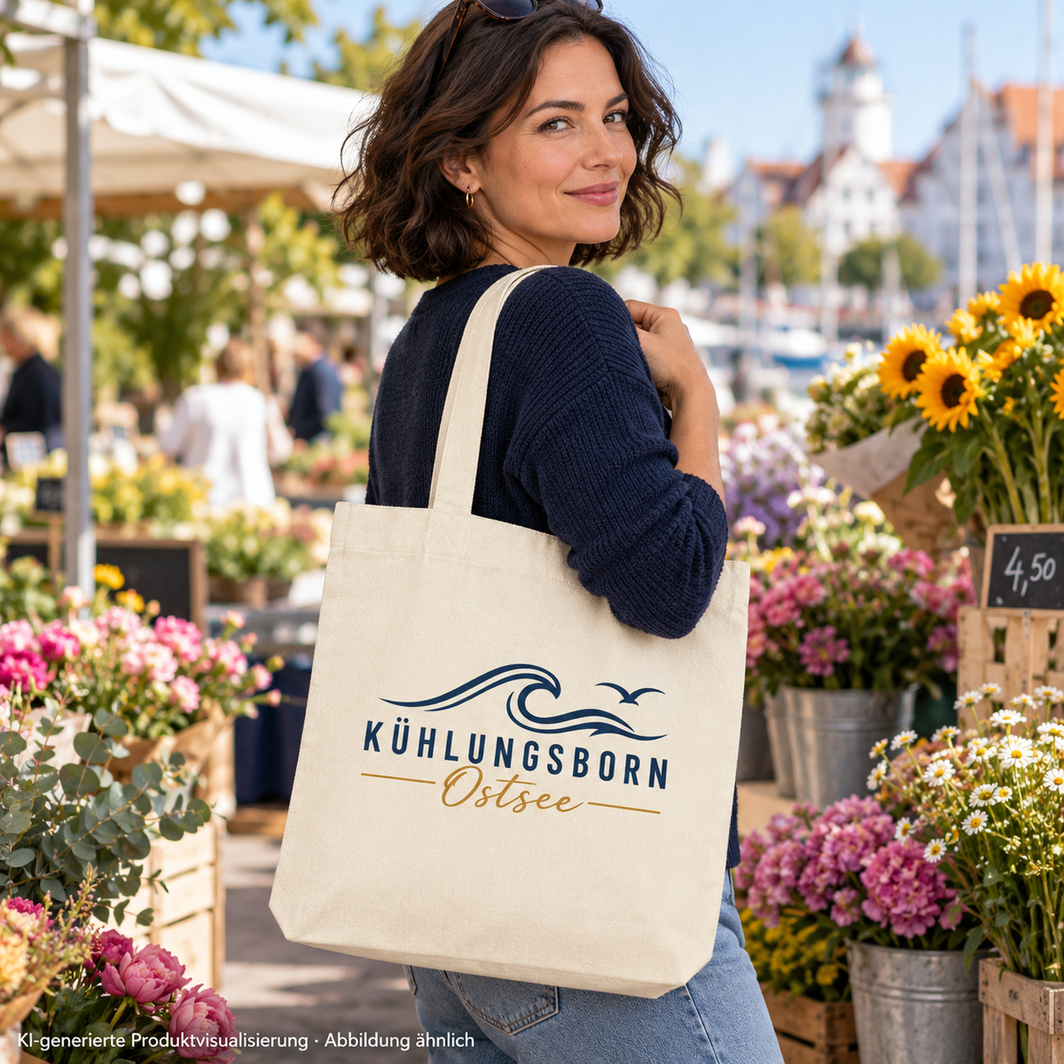 Kühlungsborn Baltic Waves Canvas-Tote-Bag Light Edition in Natural über der Schulter auf einem Blumenmarkt – KI-Produktvisualisierung
