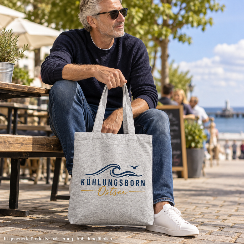 Kühlungsborn Baltic Waves Canvas-Tote-Bag Light Edition in Heather Grey an einer Parkcafé-Bank getragen – KI-Produktvisualisierung