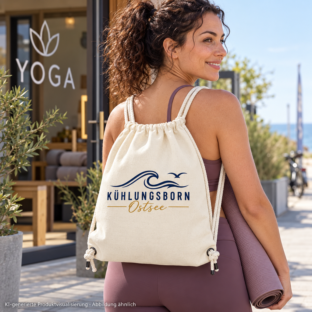 Kühlungsborn Baltic Waves Canvas-Gym-Bag Light Edition in Natural auf dem Rücken vor einem Yogastudio – KI-Produktvisualisierung