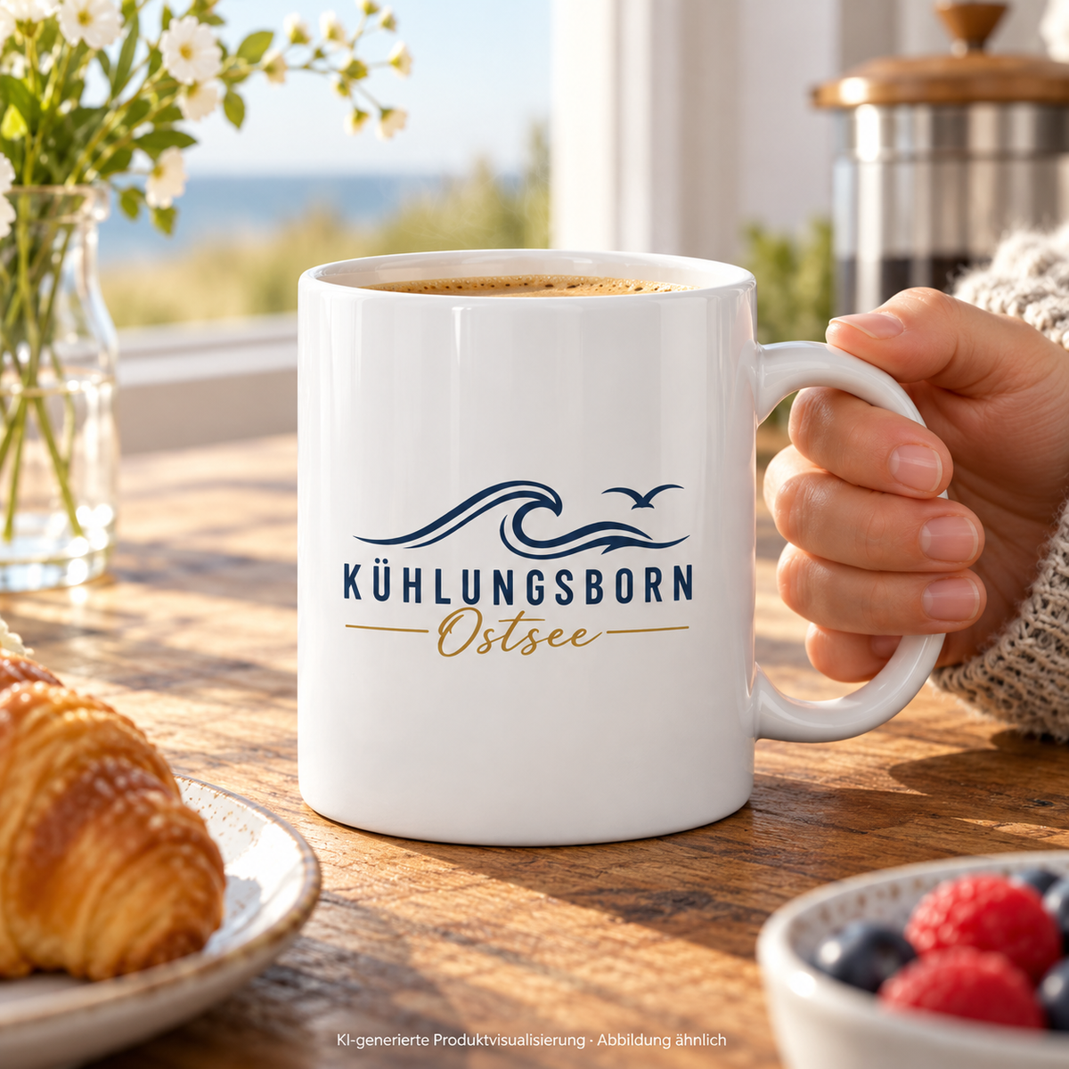 Kühlungsborn Baltic Waves Keramiktasse 330 ml Light Edition in White glossy mit Kaffee auf einem Frühstückstisch – KI-Produktvisualisierung