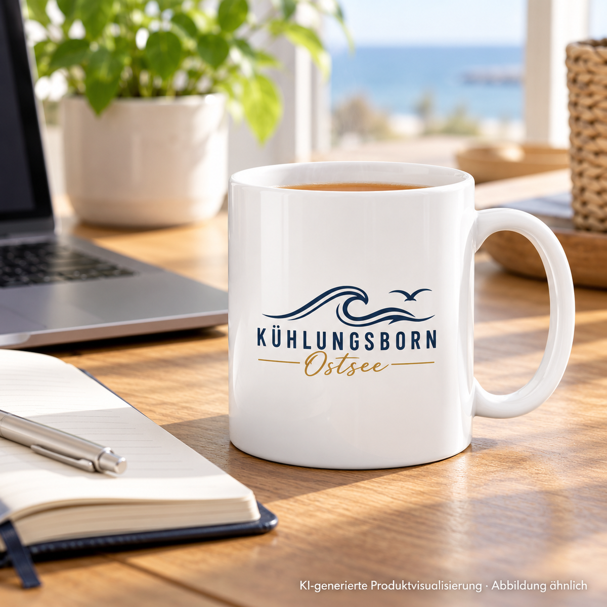 Kühlungsborn Baltic Waves Keramiktasse 330 ml Light Edition in White glossy mit Tee am Schreibtisch neben einem Notizbuch – KI-Produktvisualisierung