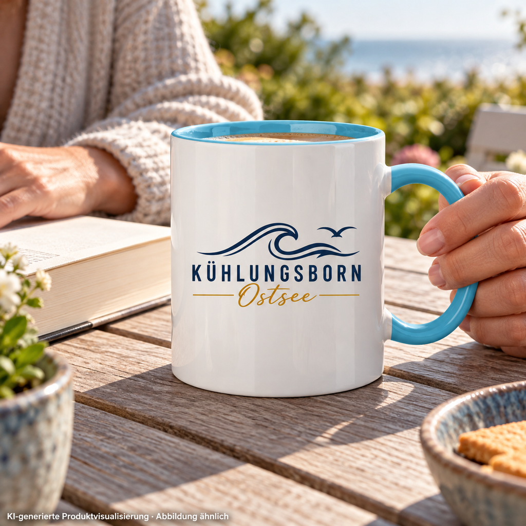 Kühlungsborn Baltic Waves Zweifarbige Keramiktasse 330 ml Light Edition in Hellblau mit hellblauem Henkel und Innenraum auf einem Gartentisch – KI-Produktvisualisierung