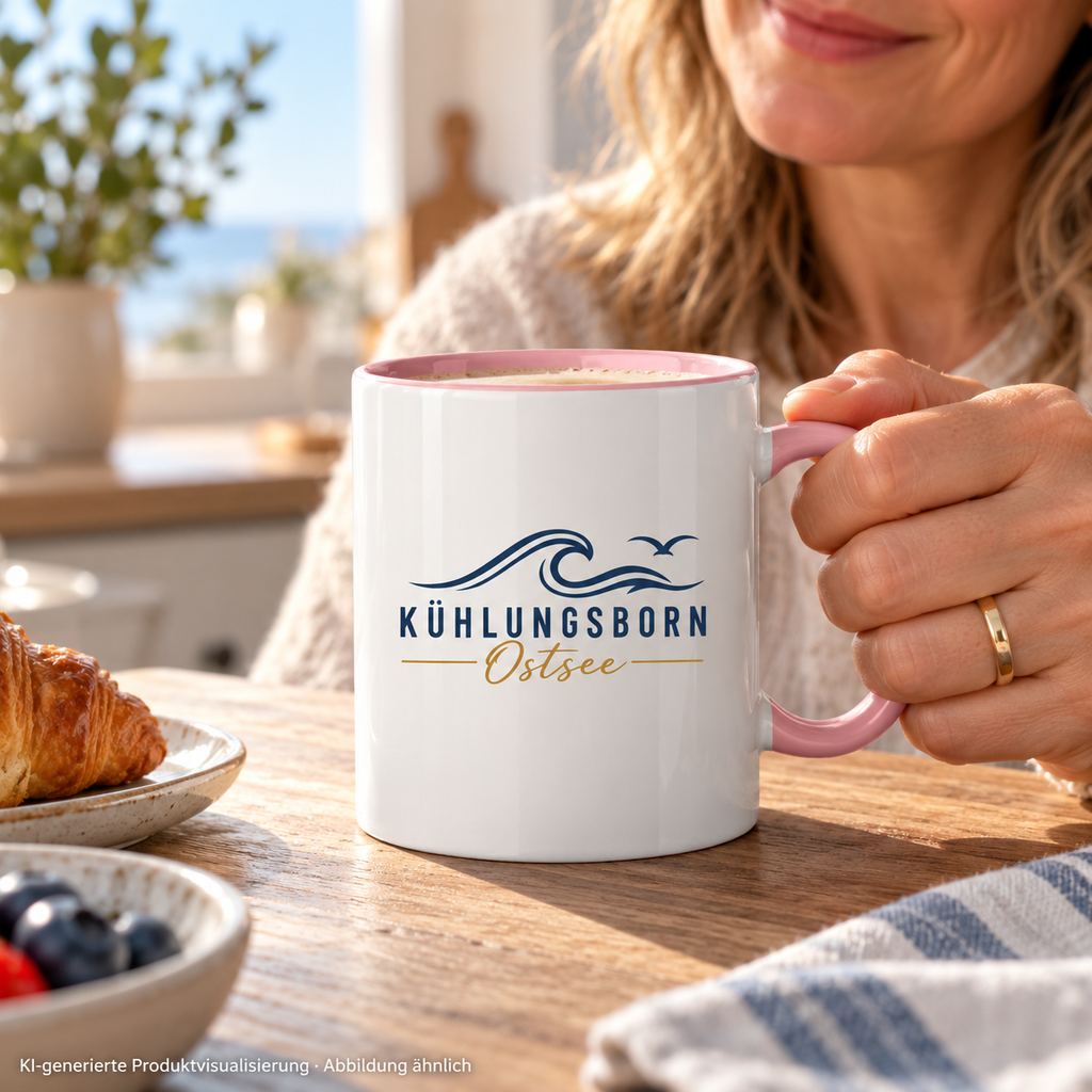 Kühlungsborn Baltic Waves Zweifarbige Keramiktasse 330 ml Light Edition in Altrosa mit altrosafarbenem Henkel und Innenraum an einer Kücheninsel – KI-Produktvisualisierung