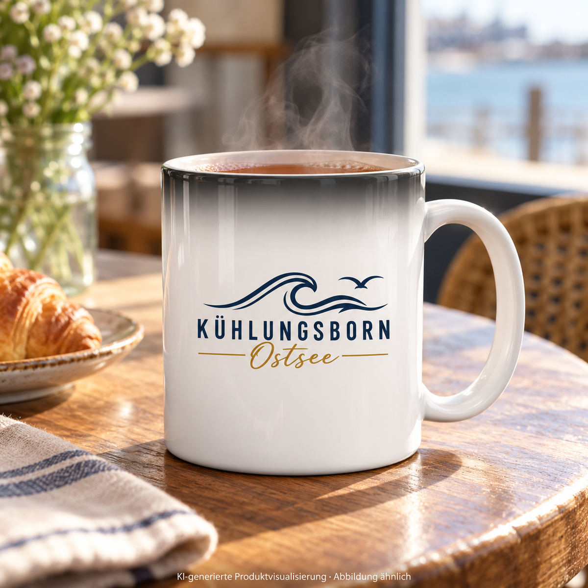 Kühlungsborn Baltic Waves Magic Mug 330 ml Light Edition in White glossy – erwärmter Zustand mit sichtbarem Motiv im erwärmten Zustand am Caféfenster – KI-Produktvisualisierung