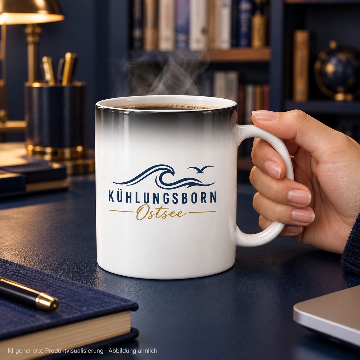 Kühlungsborn Baltic Waves Magic Mug 330 ml Light Edition in White glossy – erwärmter Zustand im erwärmten Zustand an einem dunkelblauen Schreibtisch in einem Bücherzimmer – KI-Produktvisualisierung