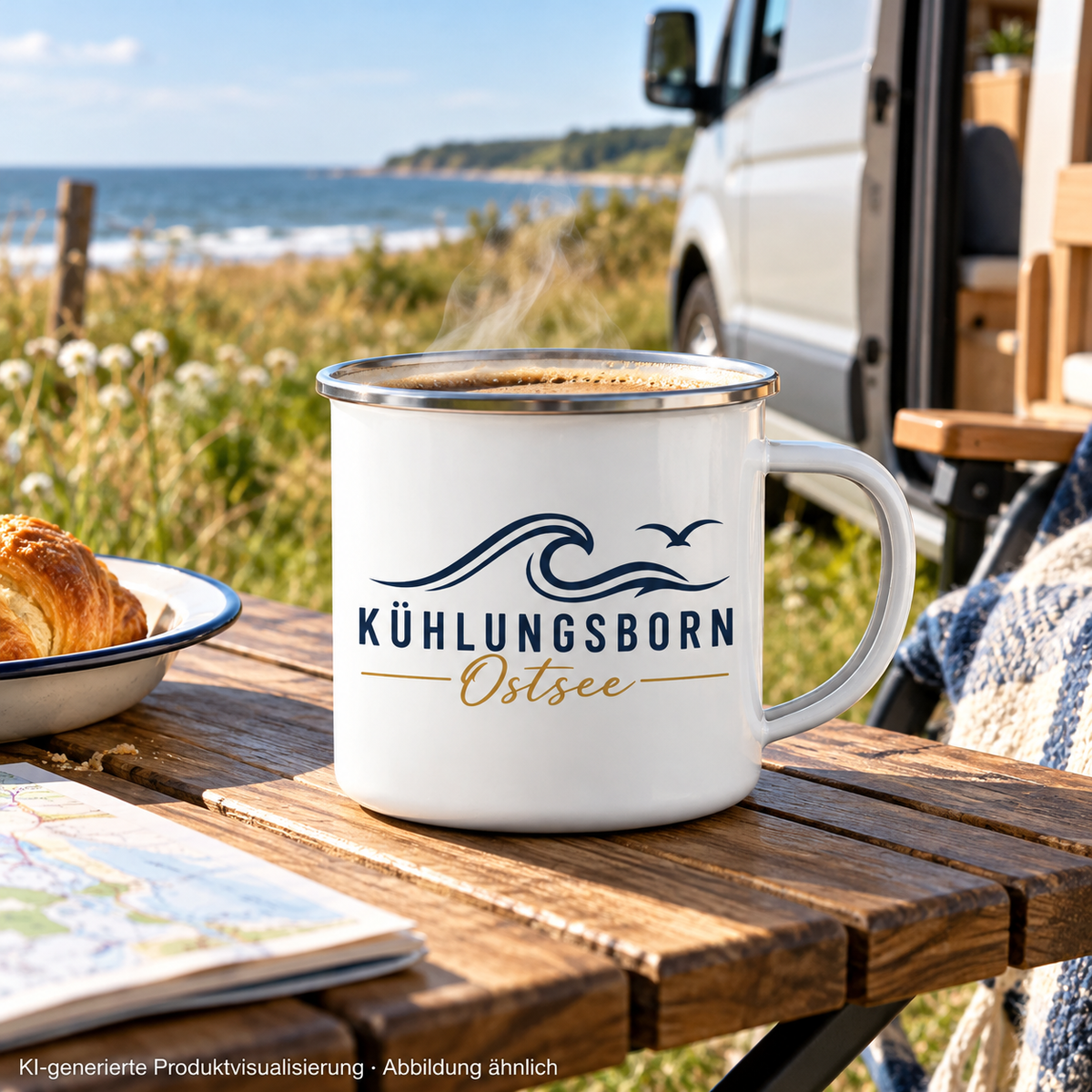 Kühlungsborn Baltic Waves Emaille-Tasse 300 ml Light Edition in White glossy / Silberrand auf einem Campingtisch an einer Wiese – KI-Produktvisualisierung
