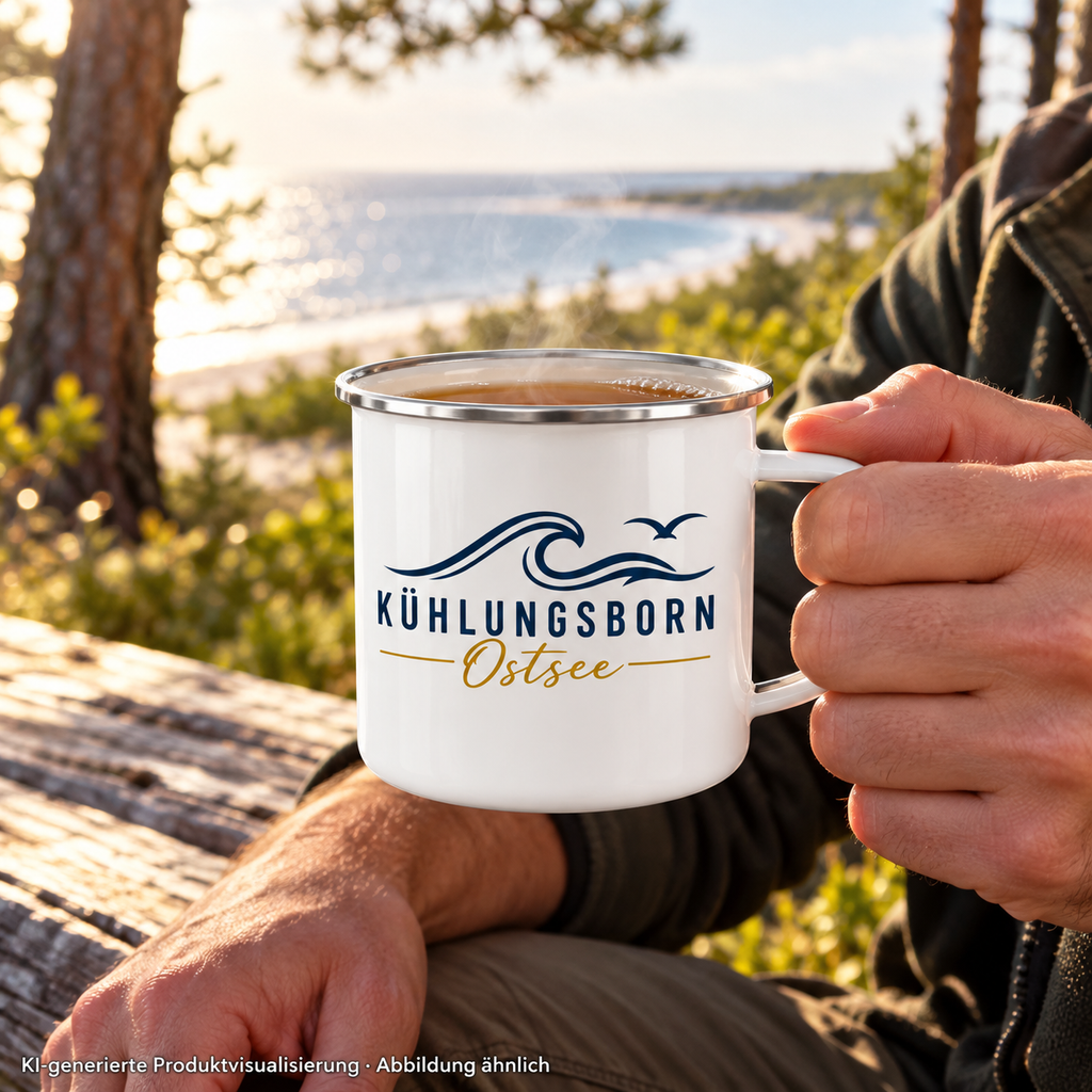 Kühlungsborn Baltic Waves Emaille-Tasse 300 ml Light Edition in White glossy / Silberrand an einem Picknickplatz im Grünen in der Hand gehalten – KI-Produktvisualisierung