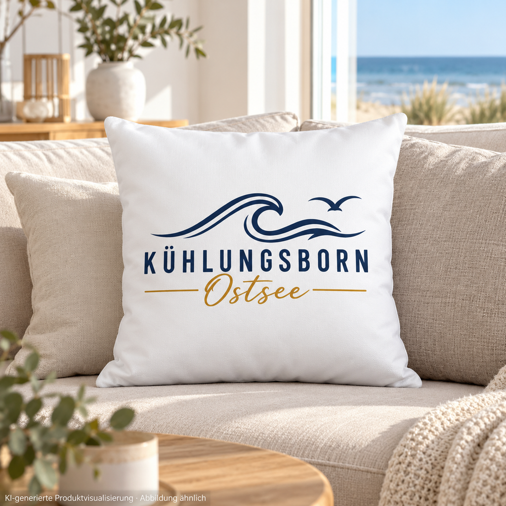 Kühlungsborn Baltic Waves Zierkissen 40 × 40 cm Light Edition in Weiss satiniert auf einem beigefarbenen Sofa im hellen Wohnzimmer – KI-Produktvisualisierung