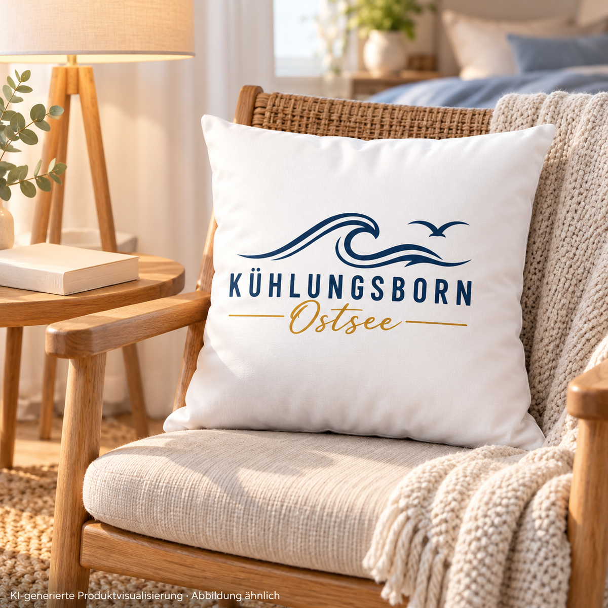Kühlungsborn Baltic Waves Zierkissen 40 × 40 cm Light Edition in Weiss satiniert auf einem Lesesessel im Schlafzimmer – KI-Produktvisualisierung