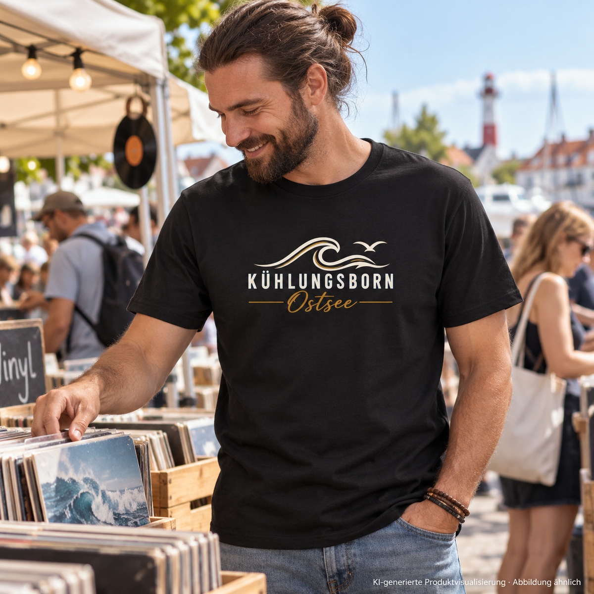 Kühlungsborn Baltic Waves Bio-Unisex-T-Shirt Dark Edition in Black auf einem Schallplattenmarkt – KI-Produktvisualisierung