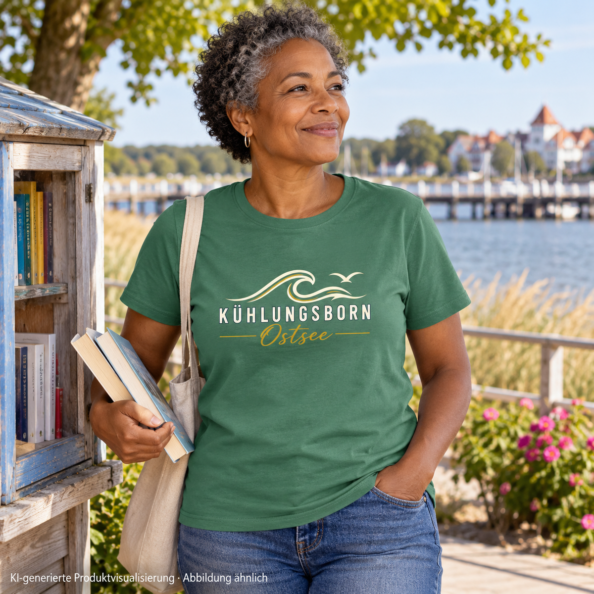 Kühlungsborn Baltic Waves Bio-Unisex-T-Shirt Dark Edition in Green Bay an einem Büchertauschregal am Fluss – KI-Produktvisualisierung