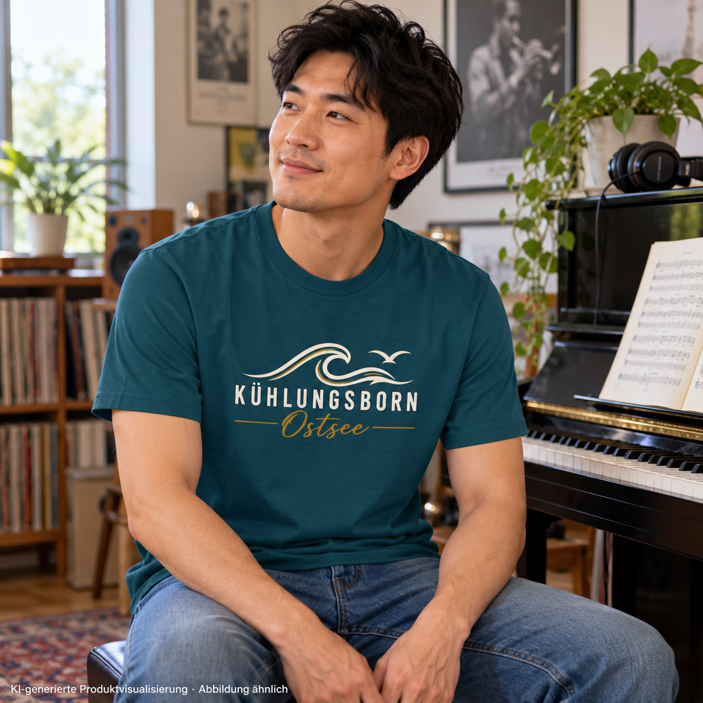 Kühlungsborn Baltic Waves Bio-Unisex-T-Shirt Dark Edition in Stargazer in einem Musikzimmer – KI-Produktvisualisierung