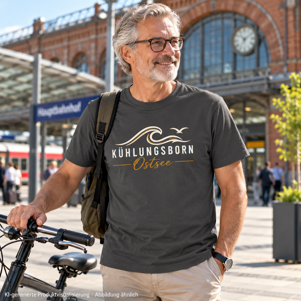 Kühlungsborn Baltic Waves Bio-Unisex-T-Shirt Dark Edition in Anthracite mit Fahrrad am Bahnhofsvorplatz – KI-Produktvisualisierung