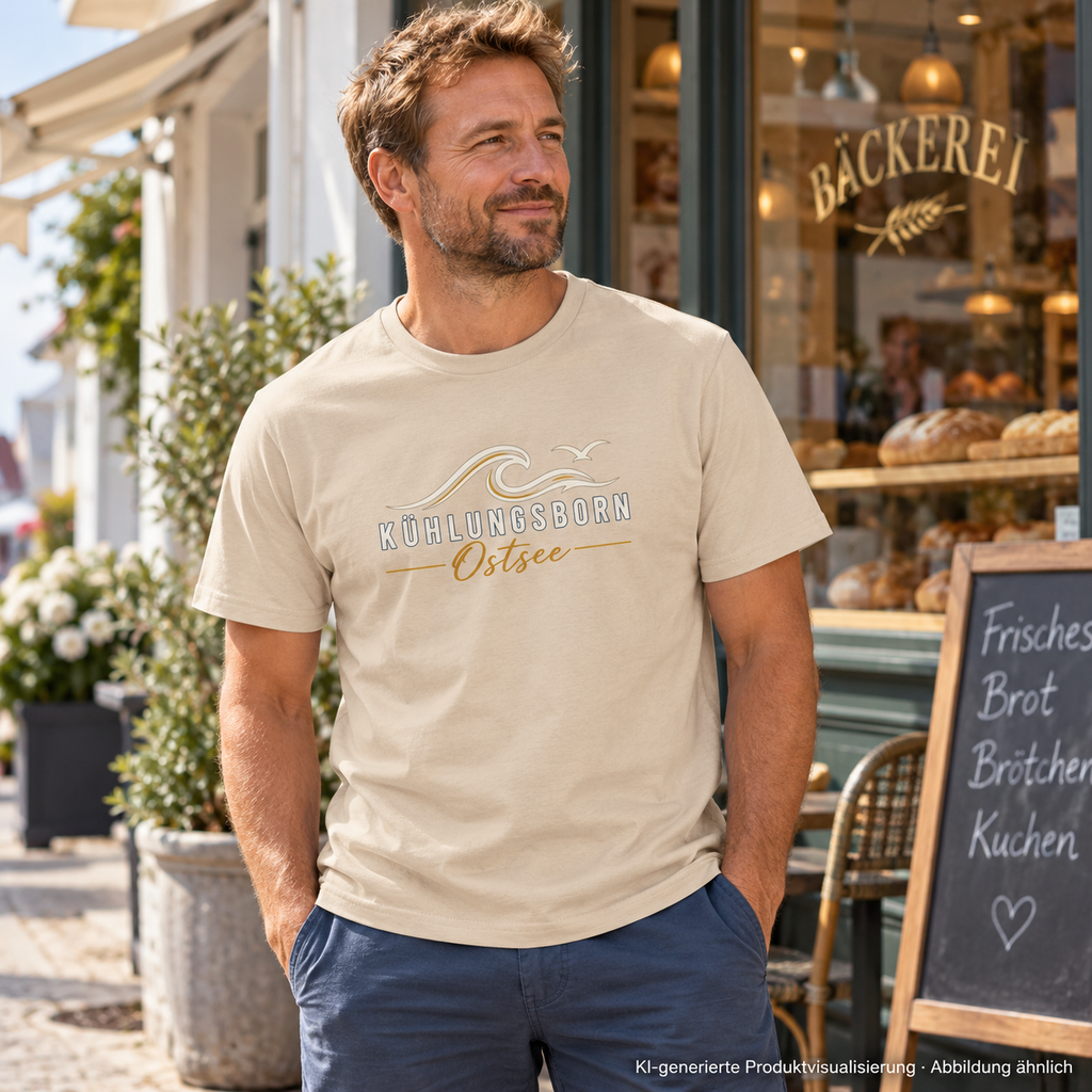 Kühlungsborn Baltic Waves Essential Unisex-T-Shirt Dark Edition in Natural vor einer Bäckerei im Wohnviertel – KI-Produktvisualisierung