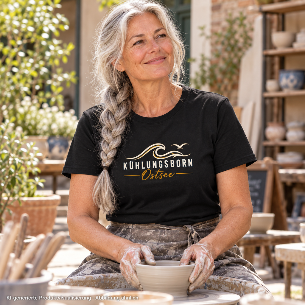 Kühlungsborn Baltic Waves Essential Unisex-T-Shirt Dark Edition in Black im Innenhof eines Keramikateliers – KI-Produktvisualisierung