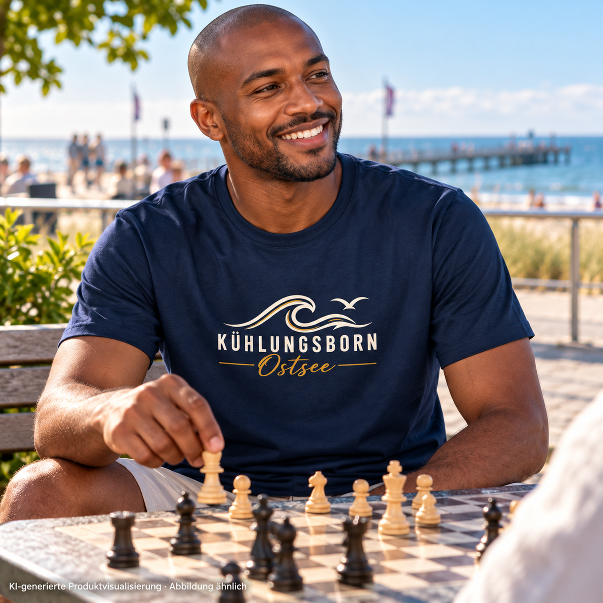 Kühlungsborn Baltic Waves Essential Unisex-T-Shirt Dark Edition in Navy an einem Freiluft-Schachtisch – KI-Produktvisualisierung