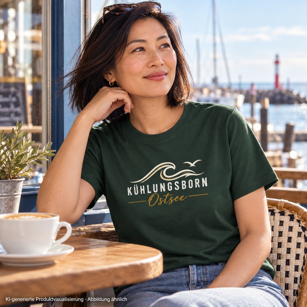 Kühlungsborn Baltic Waves Essential Unisex-T-Shirt Dark Edition in Forest Green am Fenster eines Hafencafés – KI-Produktvisualisierung