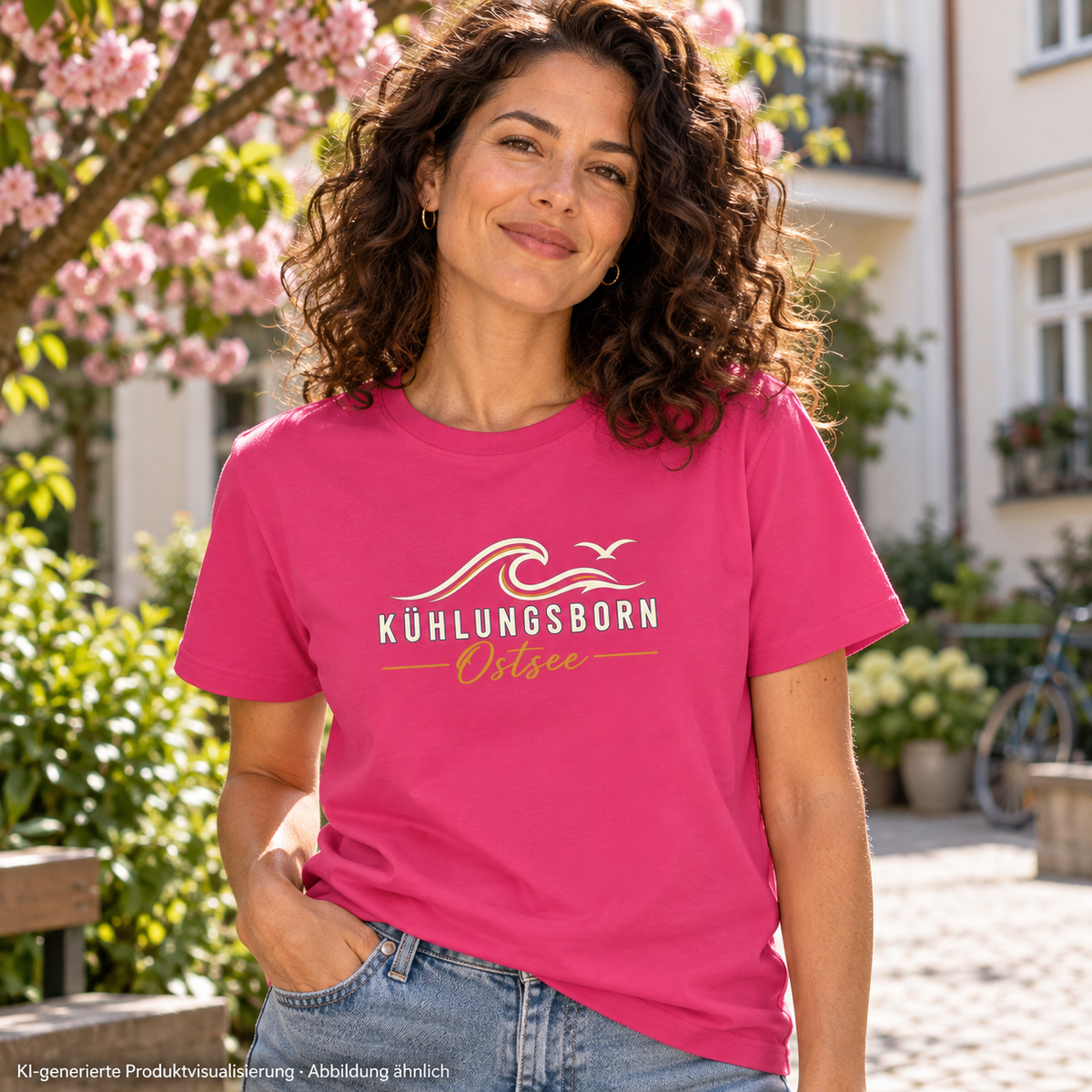Kühlungsborn Baltic Waves Essential Unisex-T-Shirt Dark Edition in Heliconia an einem blühenden Baum im Innenhof – KI-Produktvisualisierung