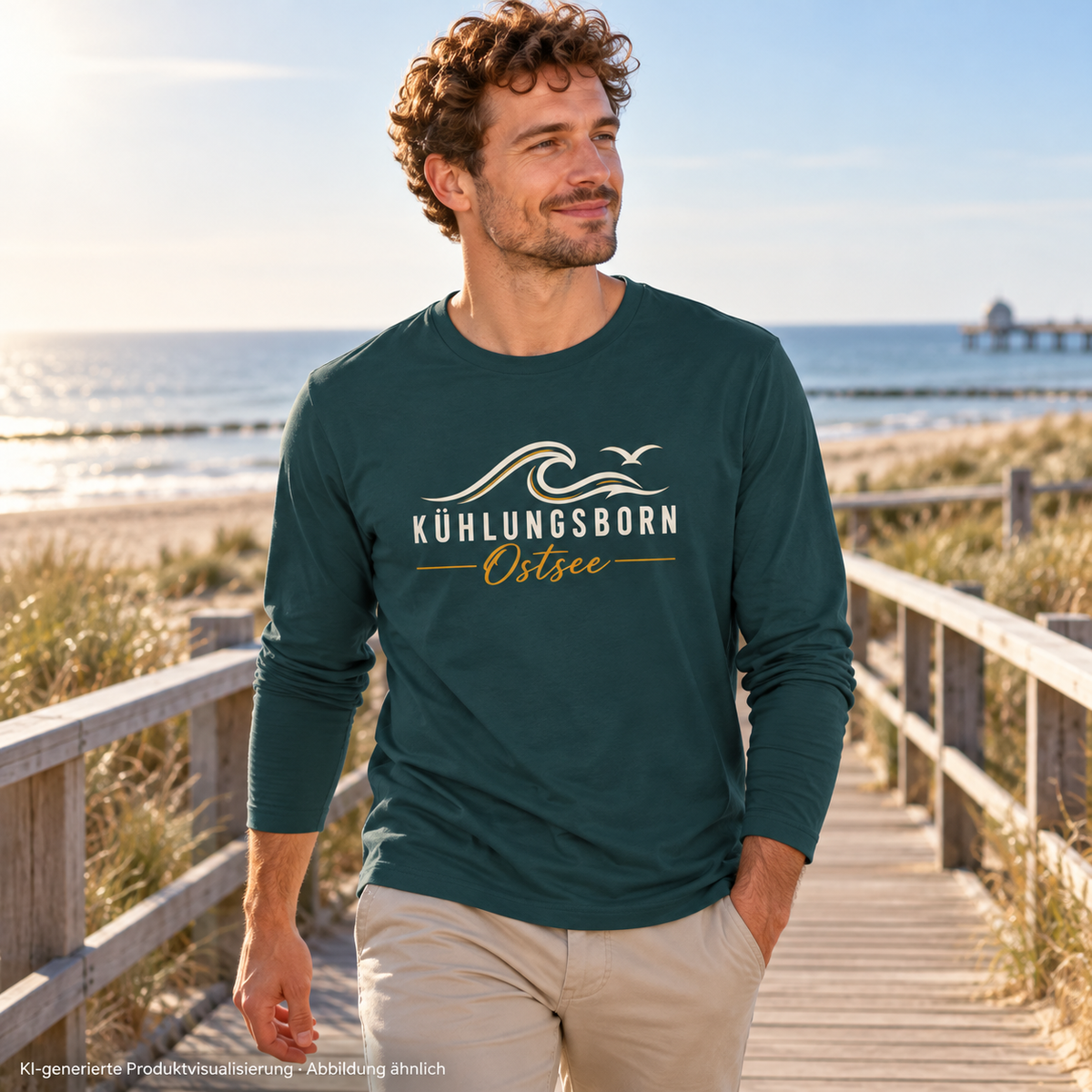 Bio-Unisex-Longsleeve Kühlungsborn Baltic Waves, Dark Edition, Glazed Green – beim Spaziergang auf einem Strandsteg, Frontdruck; KI-generierte Produktvisualisierung.