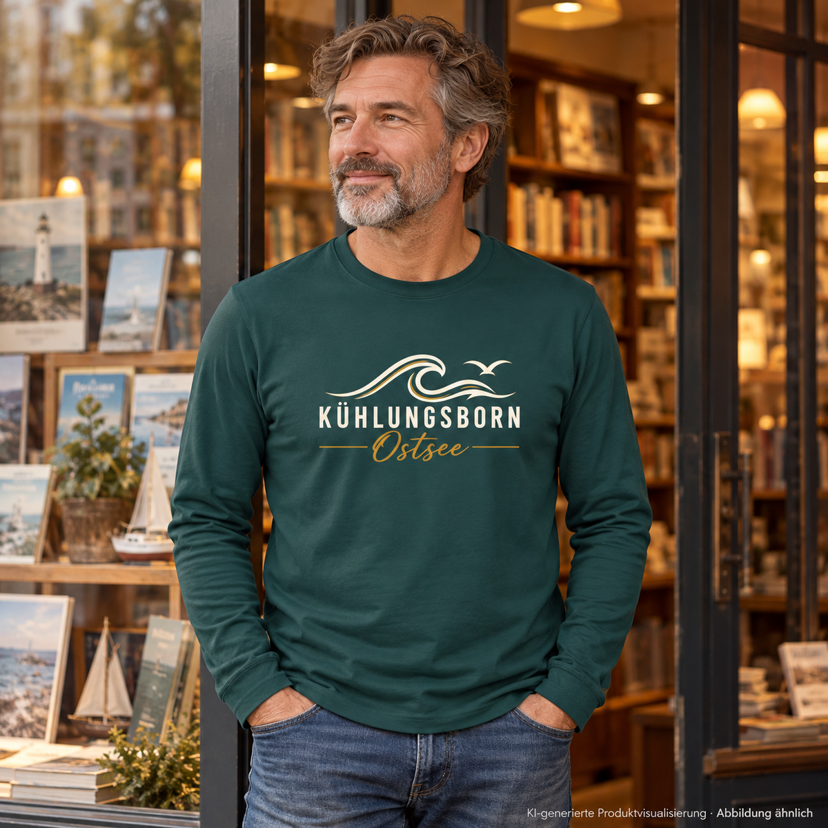 Bio-Unisex-Longsleeve Kühlungsborn Baltic Waves, Dark Edition, Glazed Green – in einer Buchhandlung am Fenster, Frontdruck; KI-generierte Produktvisualisierung.