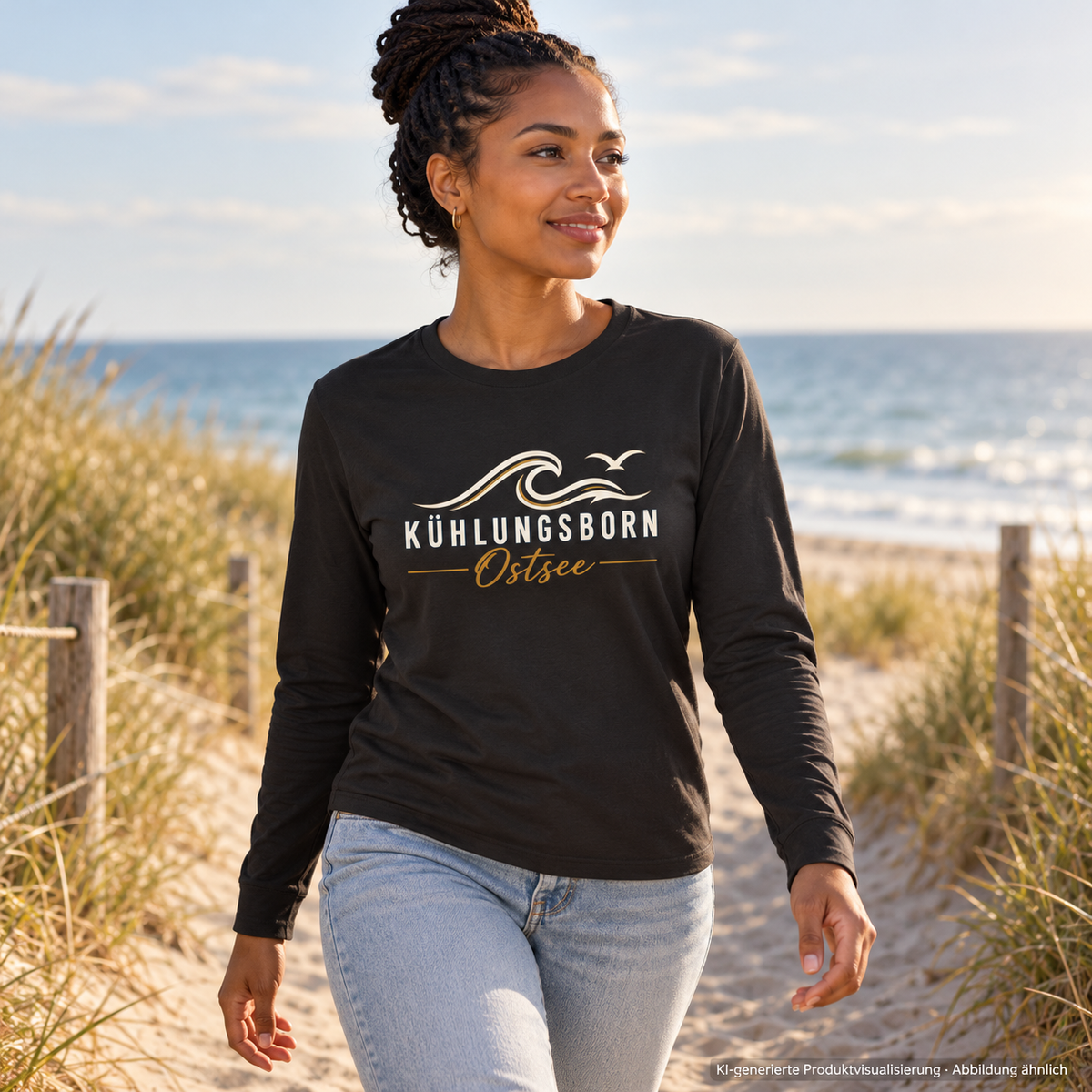 Bio-Unisex-Longsleeve Kühlungsborn Baltic Waves, Dark Edition, Black – auf einem Dünenweg, Frontdruck; KI-generierte Produktvisualisierung.