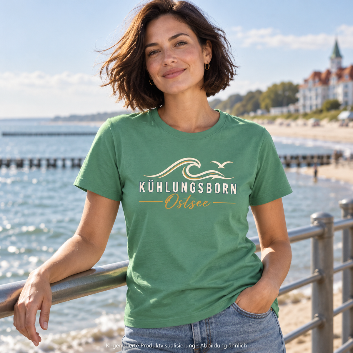 Damen Bio-T-Shirt Kühlungsborn Baltic Waves, Dark Edition, Green Bay – an einer Promenadenbrüstung, Frontdruck; KI-generierte Produktvisualisierung.