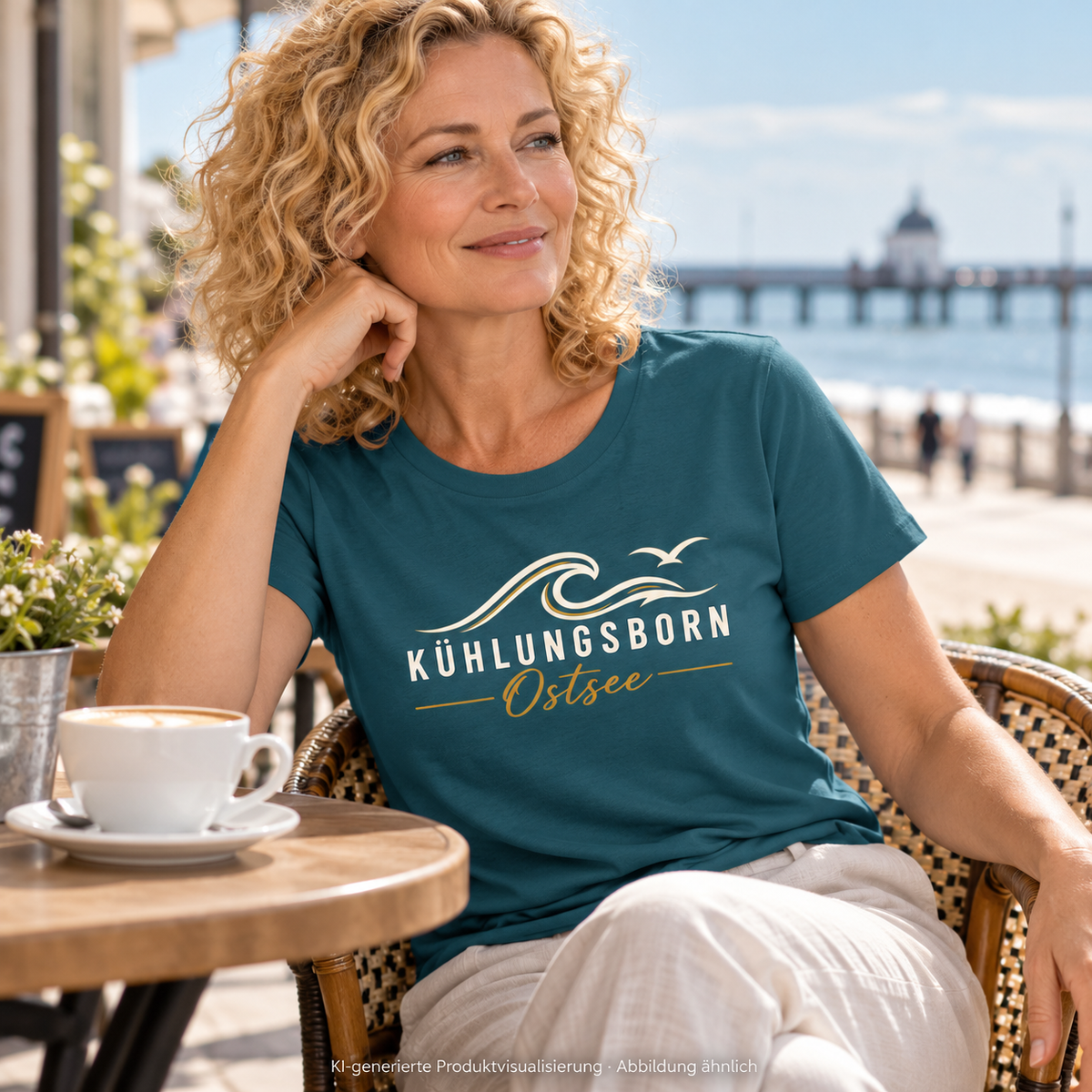Damen Bio-T-Shirt Kühlungsborn Baltic Waves, Dark Edition, Stargazer – auf einer Caféterrasse, Frontdruck; KI-generierte Produktvisualisierung.