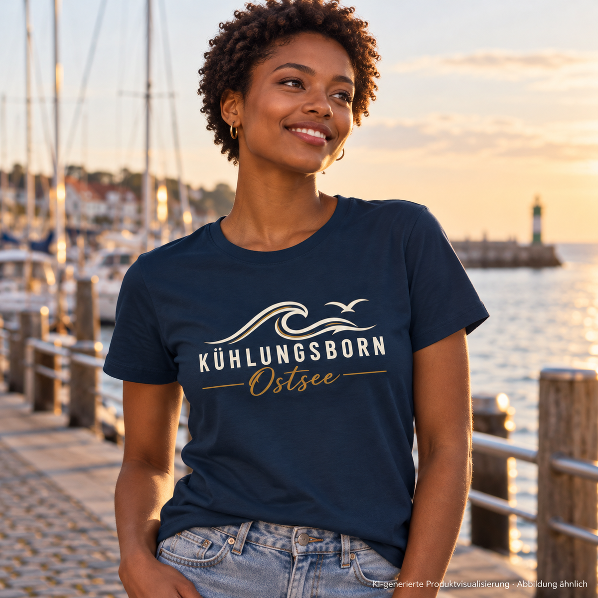 Damen Bio-T-Shirt Kühlungsborn Baltic Waves, Dark Edition, French Navy – bei einem Hafenspaziergang, Frontdruck; KI-generierte Produktvisualisierung.