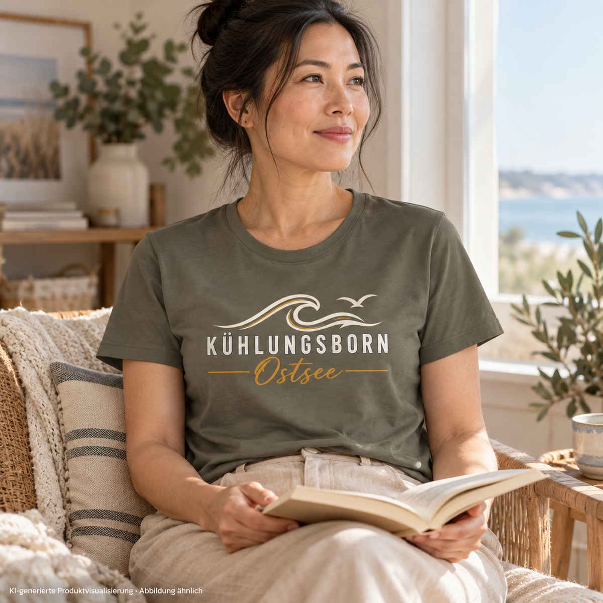 Damen Bio-T-Shirt Kühlungsborn Baltic Waves, Dark Edition, Khaki – am Fenster zu Hause, Frontdruck; KI-generierte Produktvisualisierung.