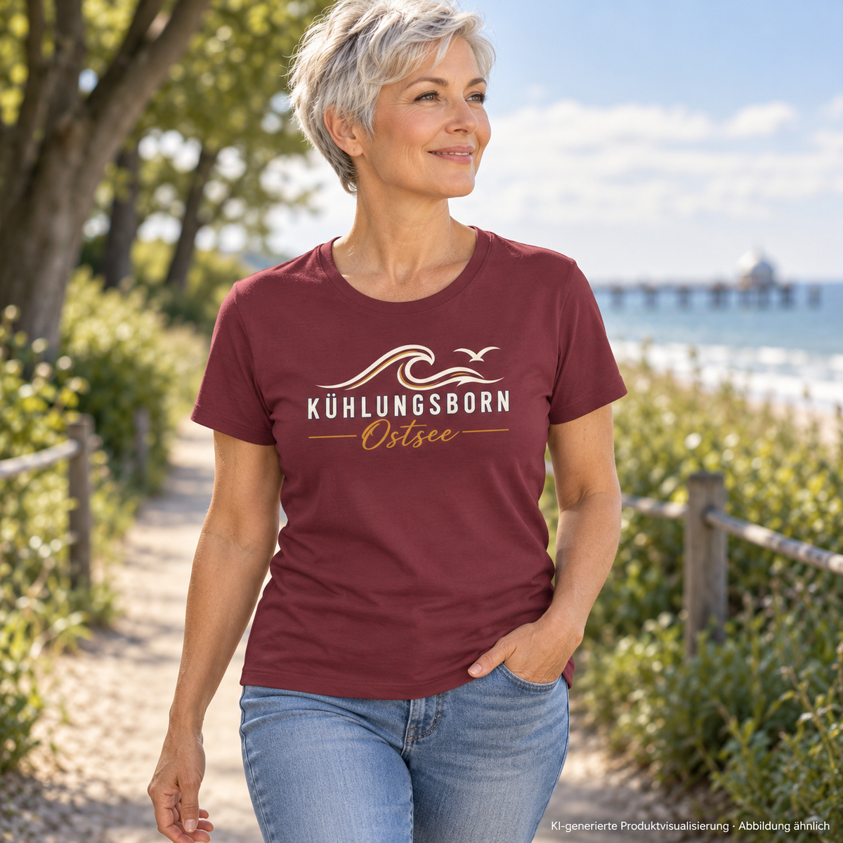 Damen Bio-T-Shirt Kühlungsborn Baltic Waves, Dark Edition, Burgundy – auf einem Parkweg, Frontdruck; KI-generierte Produktvisualisierung.