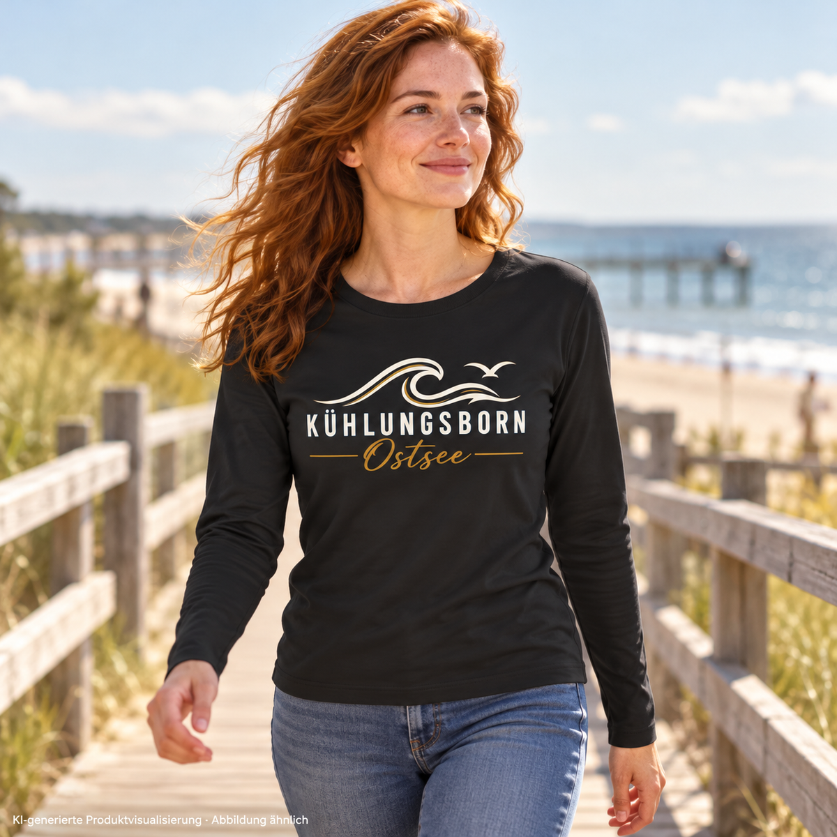 Damen Bio-Longsleeve Kühlungsborn Baltic Waves, Dark Edition, Black – auf einem Strandsteg, Frontdruck; KI-generierte Produktvisualisierung.