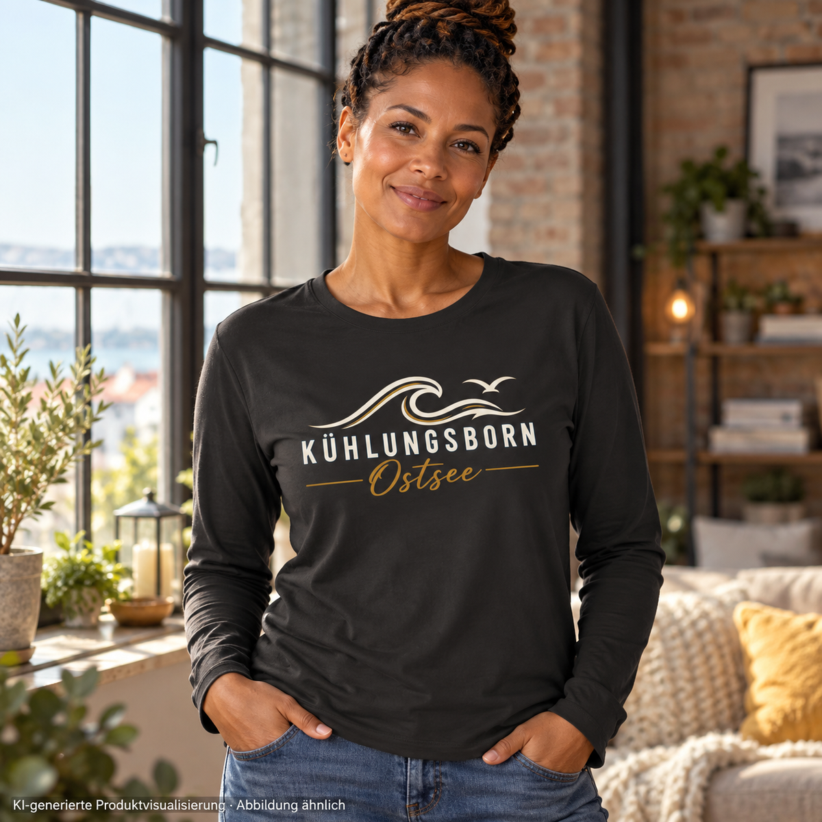 Damen Bio-Longsleeve Kühlungsborn Baltic Waves, Dark Edition, Black – am Fenster in einem Loft, Frontdruck; KI-generierte Produktvisualisierung.