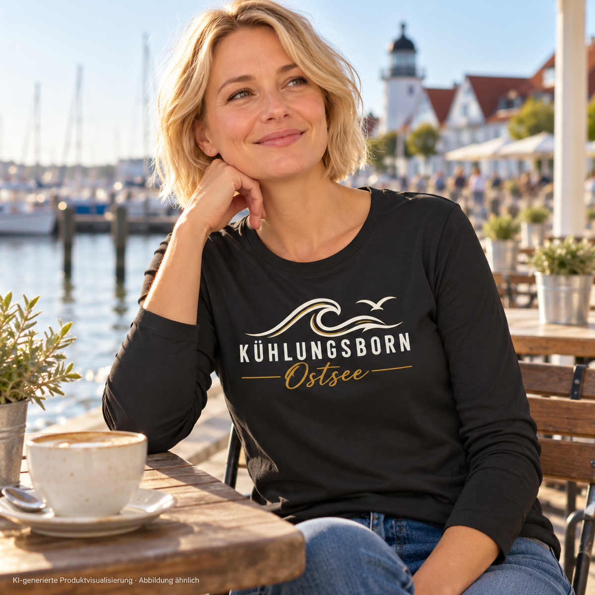 Damen Bio-Longsleeve Kühlungsborn Baltic Waves, Dark Edition, Black – in einem Hafencafé, Frontdruck; KI-generierte Produktvisualisierung.