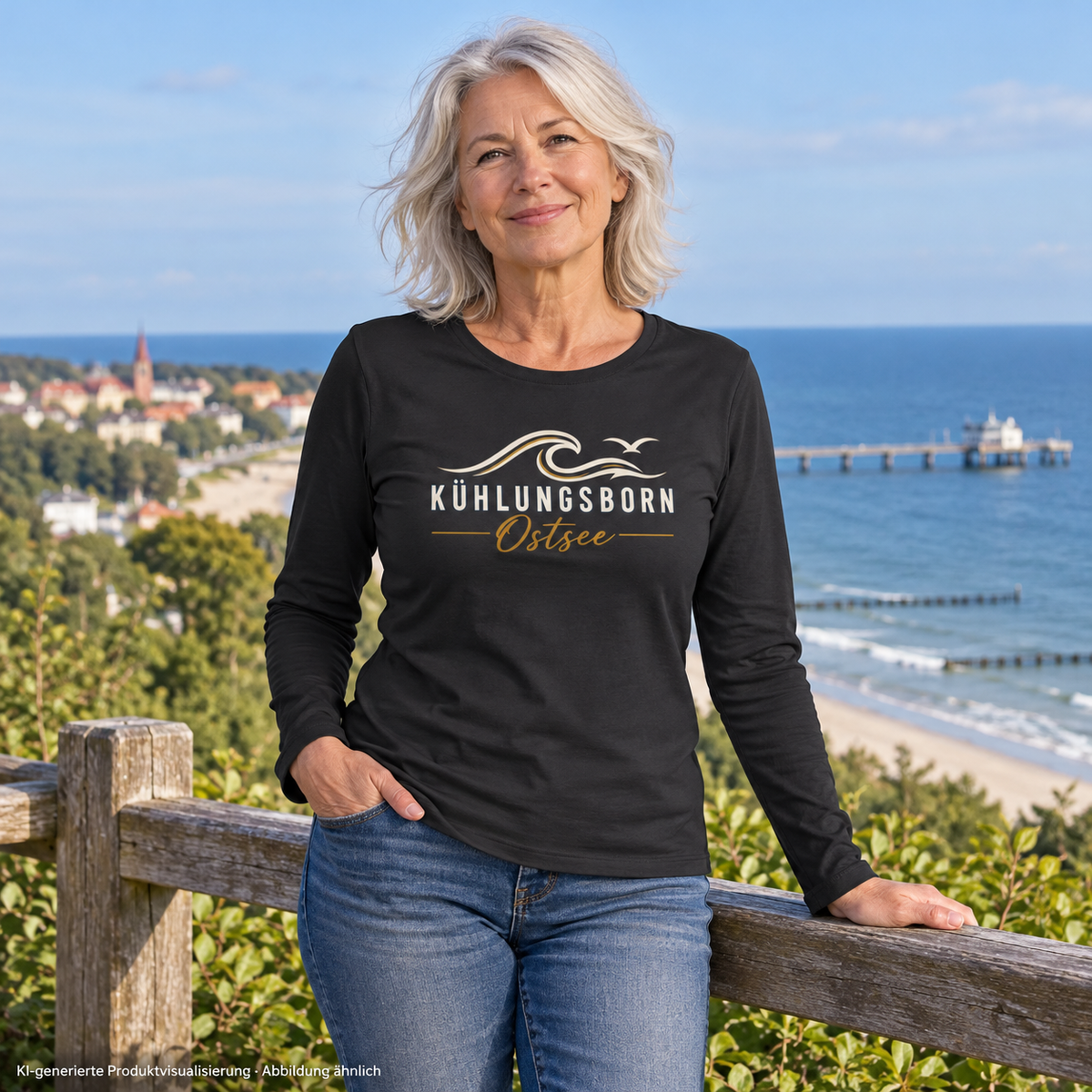 Damen Bio-Longsleeve Kühlungsborn Baltic Waves, Dark Edition, Black – an einem Aussichtspunkt im Park, Frontdruck; KI-generierte Produktvisualisierung.