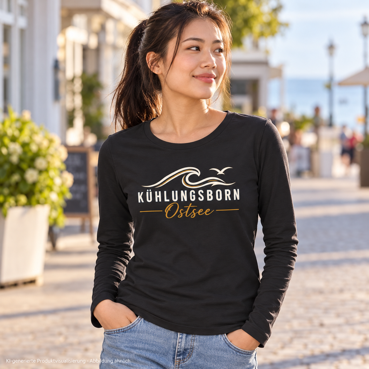 Damen Bio-Longsleeve Kühlungsborn Baltic Waves, Dark Edition, Black – auf einer ruhigen Stadtstraße, Frontdruck; KI-generierte Produktvisualisierung.