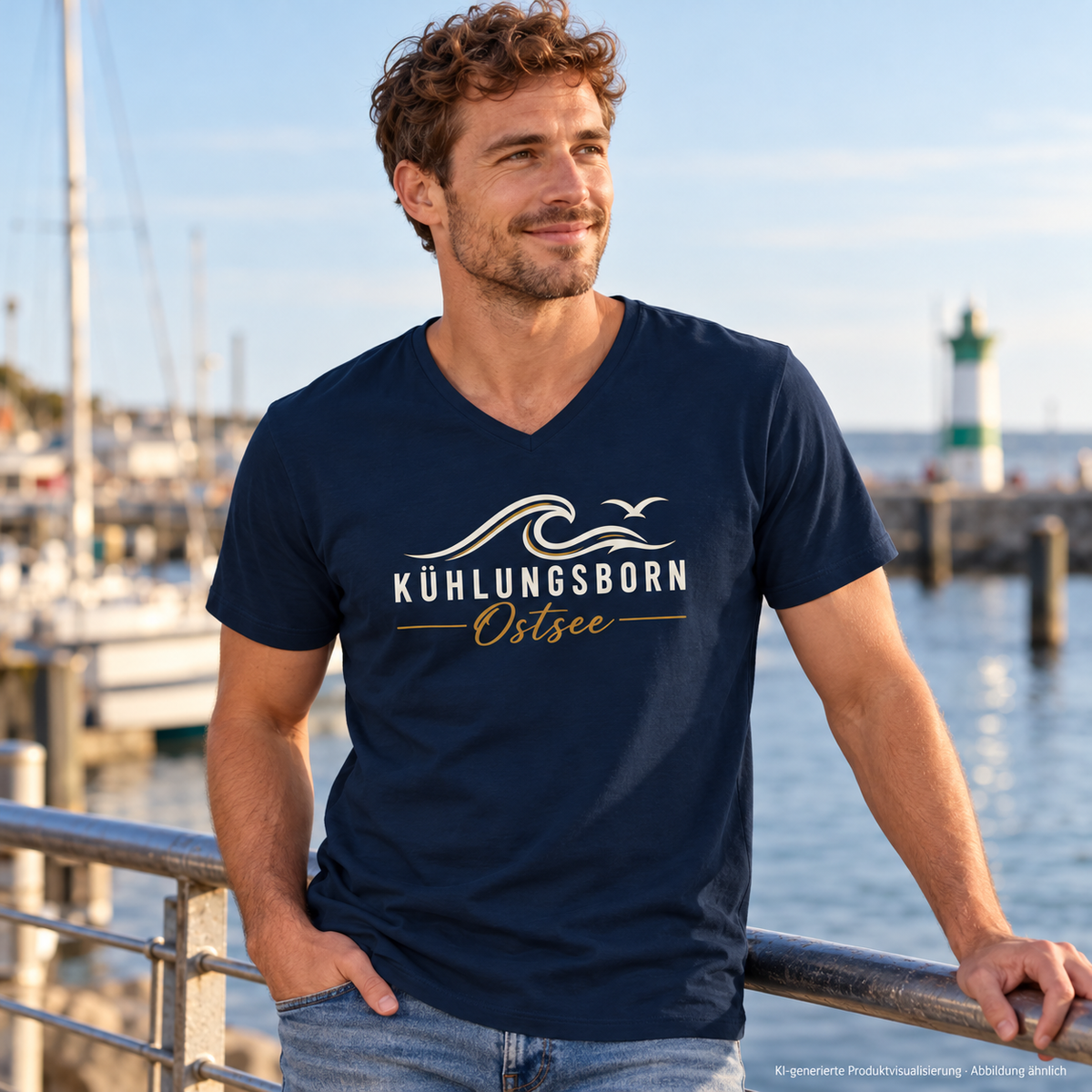Herren Bio-V-Neck-Shirt Kühlungsborn Baltic Waves, Dark Edition, French Navy – an einem Hafengeländer, Frontdruck; KI-generierte Produktvisualisierung.