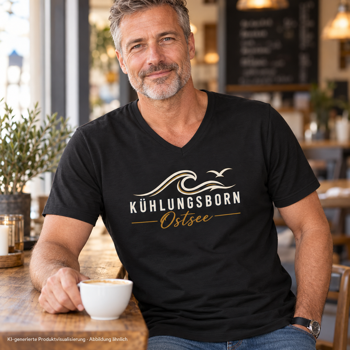 Herren Bio-V-Neck-Shirt Kühlungsborn Baltic Waves, Dark Edition, Black – in einem Café, Frontdruck; KI-generierte Produktvisualisierung.