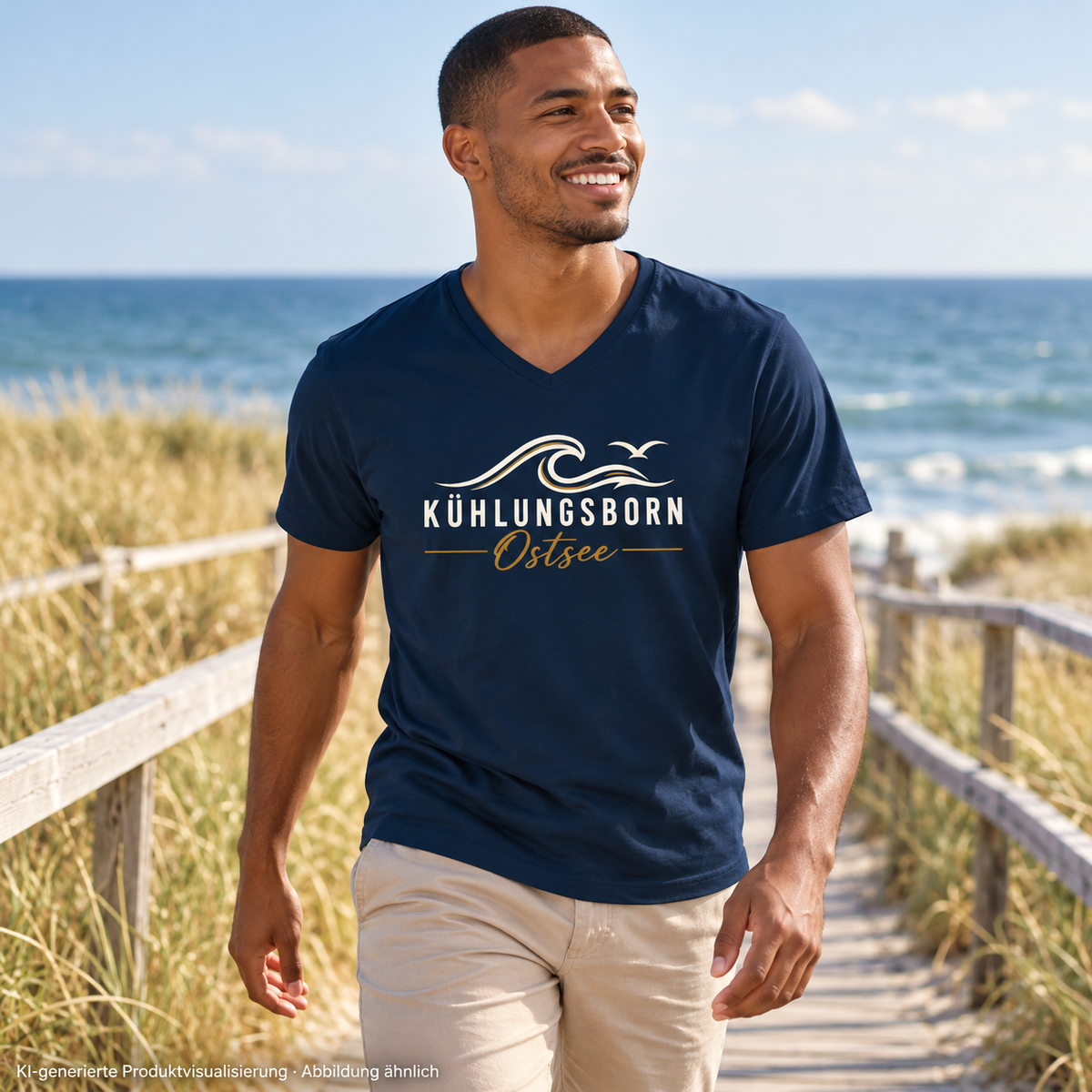 Herren Bio-V-Neck-Shirt Kühlungsborn Baltic Waves, Dark Edition, French Navy – auf einem Dünensteg, Frontdruck; KI-generierte Produktvisualisierung.
