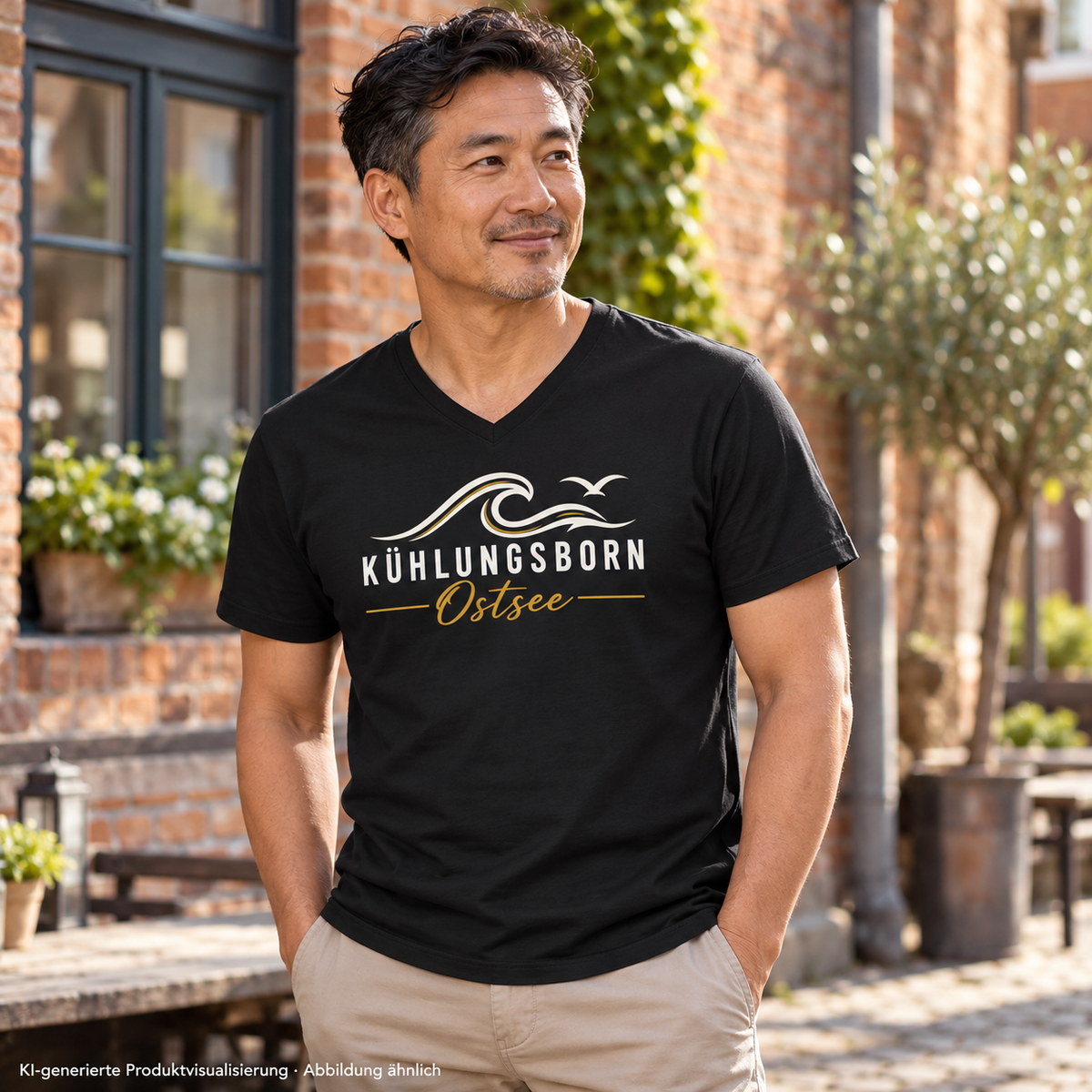 Herren Bio-V-Neck-Shirt Kühlungsborn Baltic Waves, Dark Edition, Black – in einem Backsteinhof, Frontdruck; KI-generierte Produktvisualisierung.