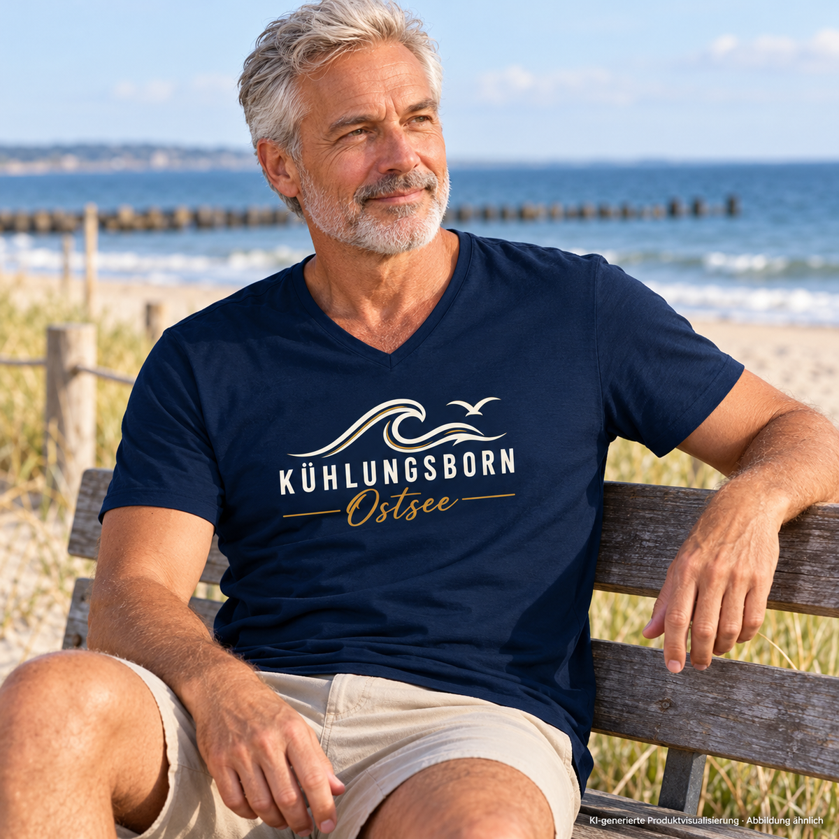 Herren Bio-V-Neck-Shirt Kühlungsborn Baltic Waves, Dark Edition, French Navy – auf einer Strandbank, Frontdruck; KI-generierte Produktvisualisierung.
