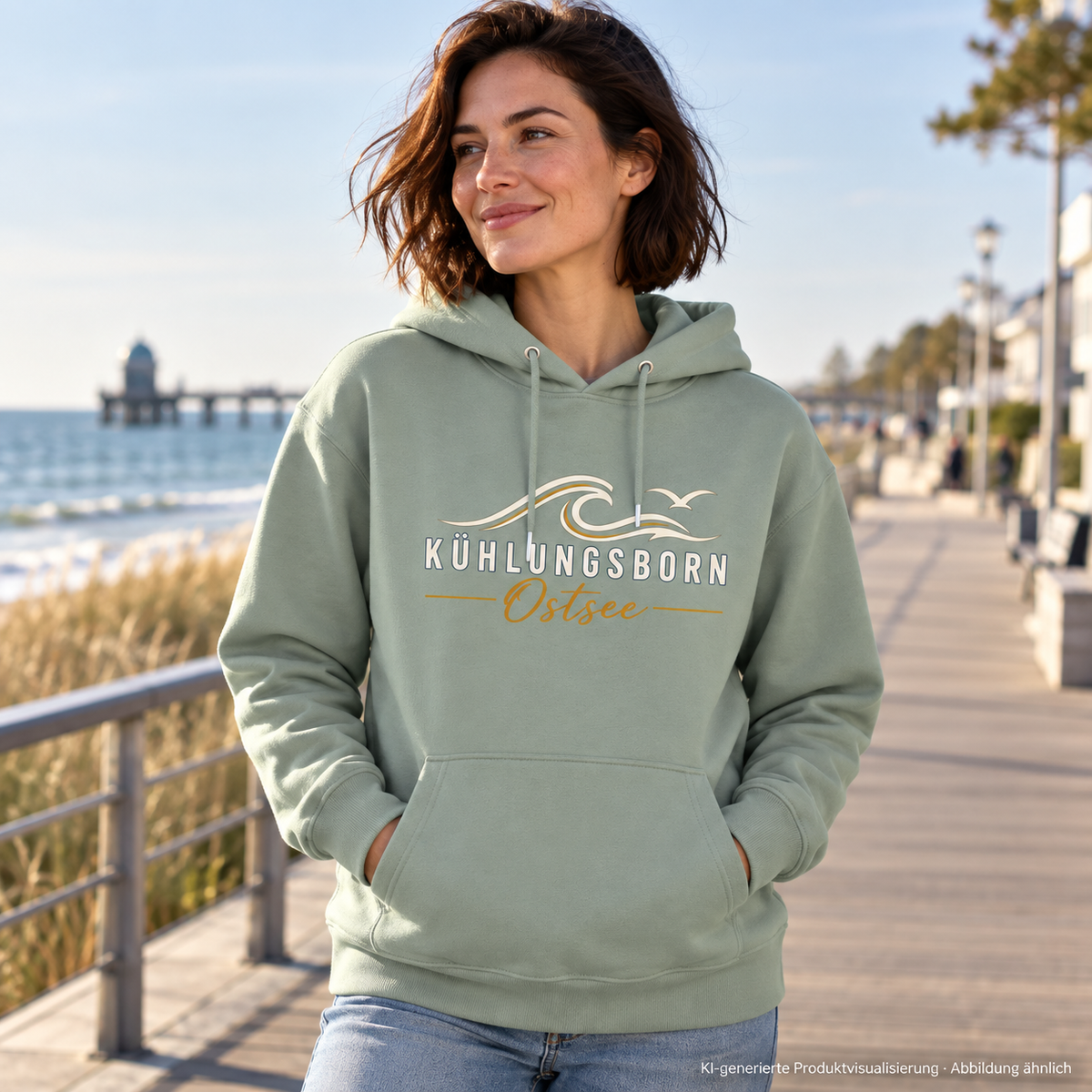 Bio-Hoodie Kühlungsborn Baltic Waves, Dark Edition, Aloe – auf einem Küstensteg, Frontdruck; KI-generierte Produktvisualisierung.