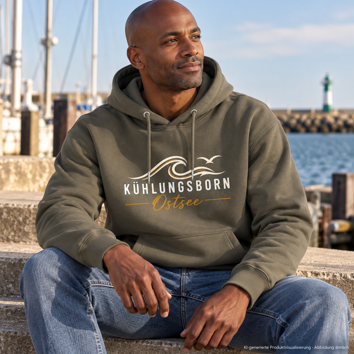 Bio-Hoodie Kühlungsborn Baltic Waves, Dark Edition, Khaki – auf einer Hafentreppe, Frontdruck; KI-generierte Produktvisualisierung.
