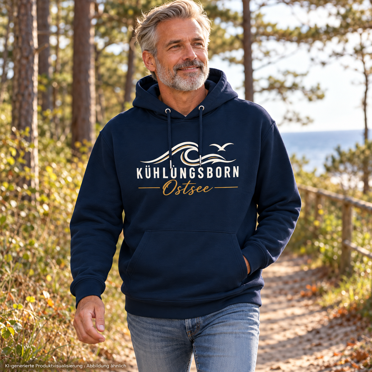 Bio-Hoodie Kühlungsborn Baltic Waves, Dark Edition, French Navy – auf einem Waldweg, Frontdruck; KI-generierte Produktvisualisierung.
