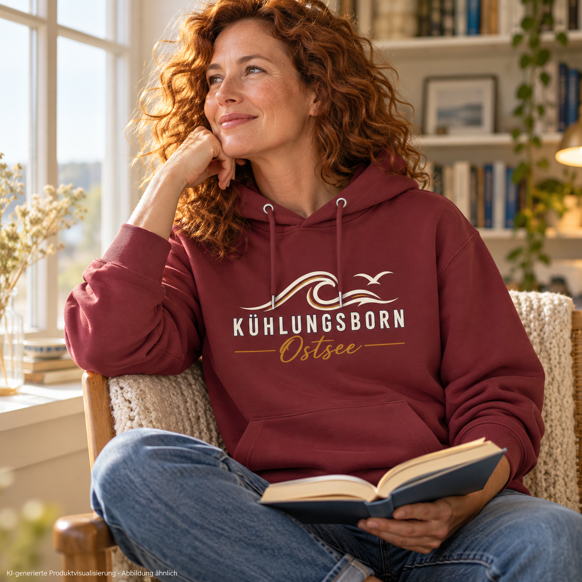 Bio-Hoodie Kühlungsborn Baltic Waves, Dark Edition, Burgundy – in einem hellen Lesezimmer, Frontdruck; KI-generierte Produktvisualisierung.