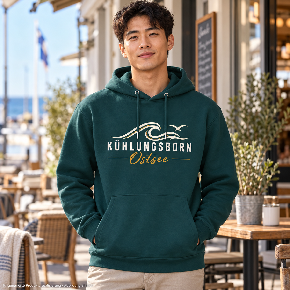 Bio-Hoodie Kühlungsborn Baltic Waves, Dark Edition, Glazed Green – auf einer Caféterrasse, Frontdruck; KI-generierte Produktvisualisierung.
