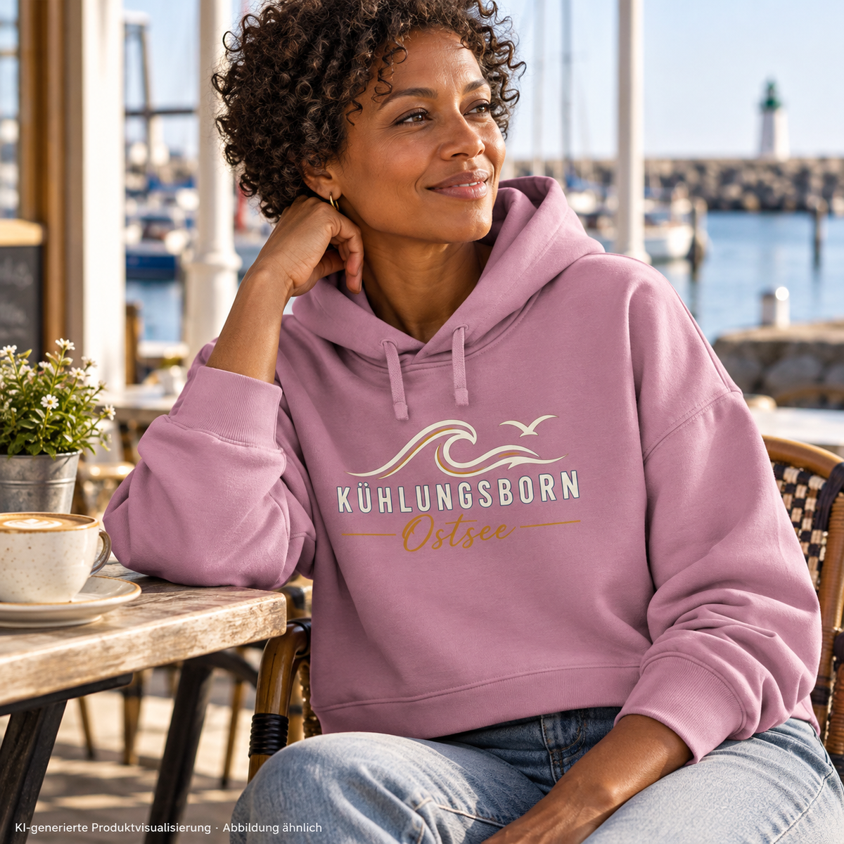 Damen Bio-Boxcut-Hoodie Kühlungsborn Baltic Waves, Dark Edition, Bubble Pink – in einem Hafencafé, Frontdruck; KI-generierte Produktvisualisierung.
