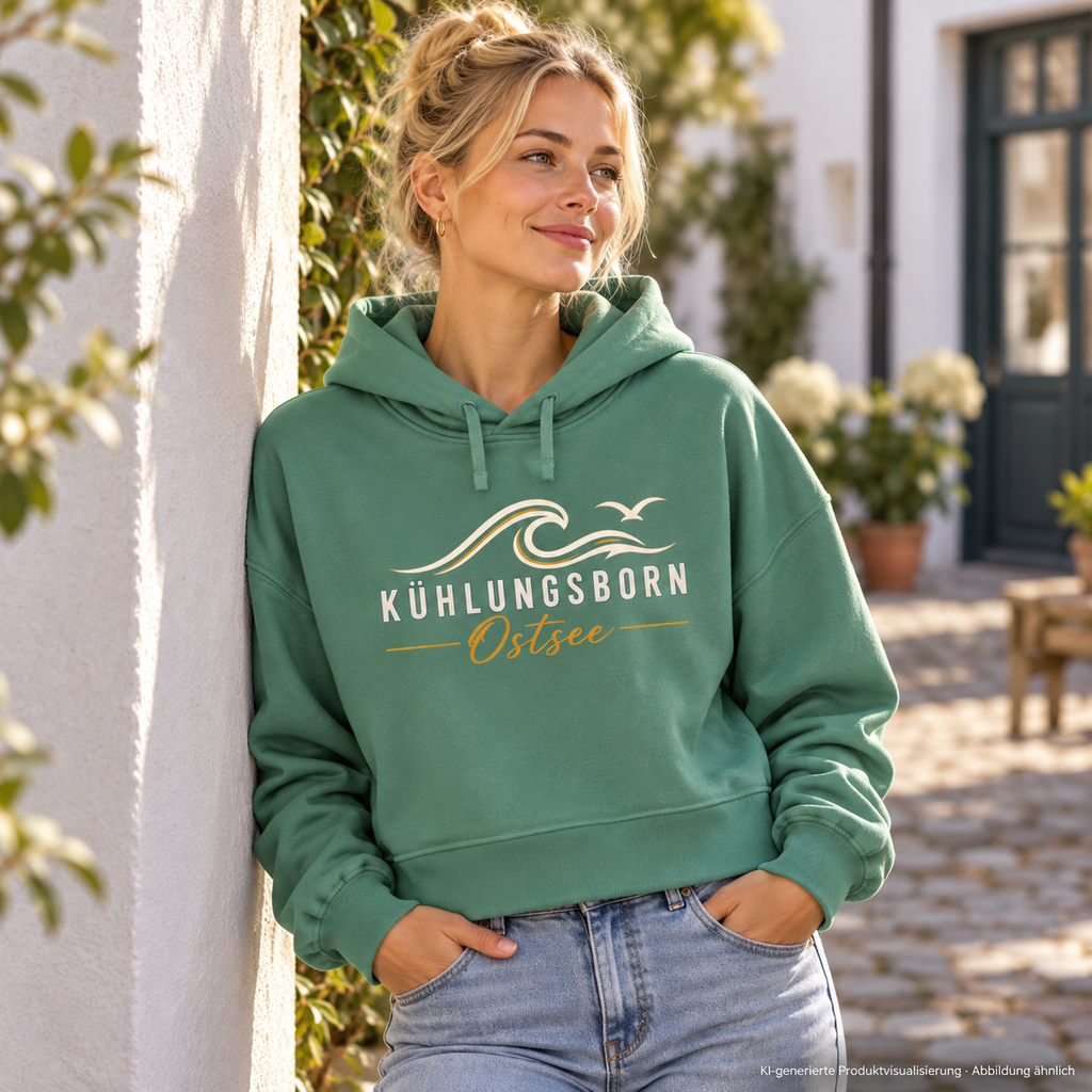 Damen Bio-Boxcut-Hoodie Kühlungsborn Baltic Waves, Dark Edition, Green Bay – in einem Innenhof, Frontdruck; KI-generierte Produktvisualisierung.