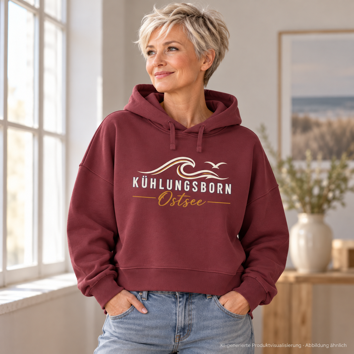 Damen Bio-Boxcut-Hoodie Kühlungsborn Baltic Waves, Dark Edition, Burgundy – am Atelierfenster, Frontdruck; KI-generierte Produktvisualisierung.