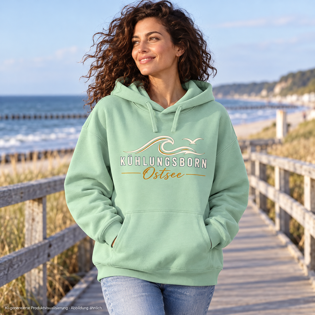 Bio-Oversize-Hoodie Kühlungsborn Baltic Waves, Dark Edition, Misty Jade – auf einer Küstenpromenade, Frontdruck; KI-generierte Produktvisualisierung.