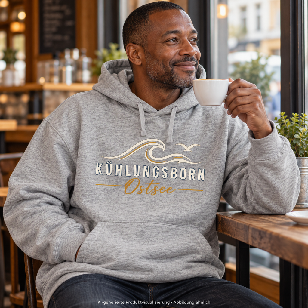Bio-Oversize-Hoodie Kühlungsborn Baltic Waves, Dark Edition, Heather Grey – an einem Caféfenster, Frontdruck; KI-generierte Produktvisualisierung.